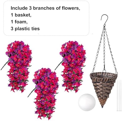 Bougainvillea Artificial Hanging Fake Flowers with Basket for Outdoors Decoration, Faux Silk Flowers UV Resistant Fake Plants Long Vines Realistic for Outside Front Door Porch Patio, Fuchsia Hotpink - Image 5