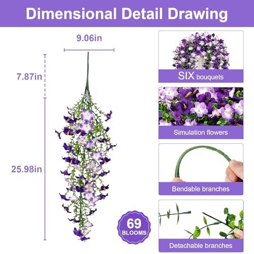 Artificial Hanging Flowers for Outdoors, 6 PCS 414 Blooms UV Resistant Faux Silk Morning Glory Hanging Vines for Porch Balcony Window Box Patio Garden Decor, Purple & Lightpurple - Image 2