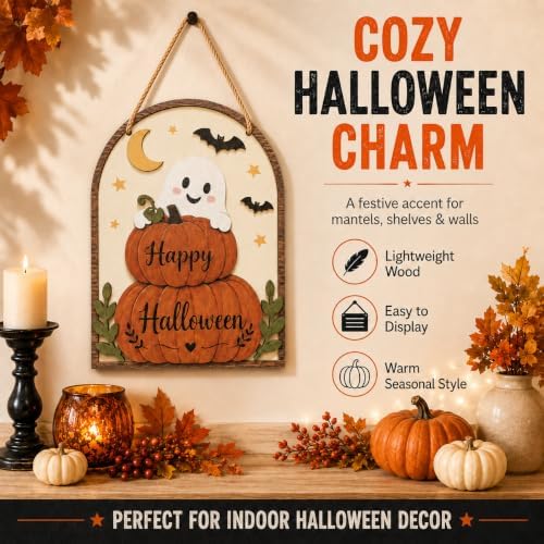 LKTEE Halloween Door Sign, Wooden Ghost Pumpkin Decor for Front Door - Image 2