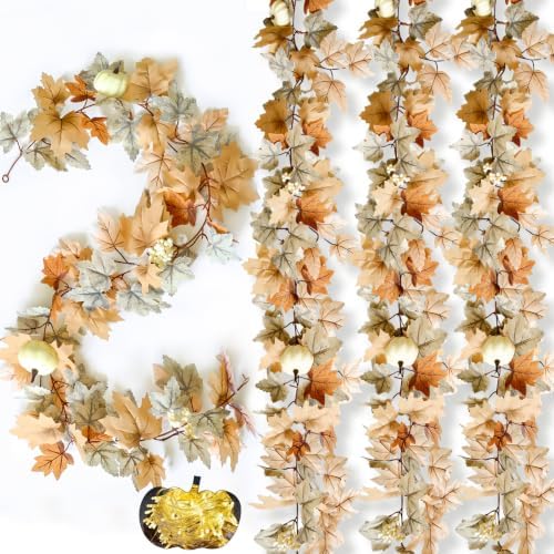 4 Pack Fall Garland Maple Leaf with Lights Fall Decor, 6Ft/Piece Fake Leaves Pumpkin Berry Vine Autumn Foliage Garland for Mantle Fireplace Halloween Thanksgiving Decorations Christmas Home Decor by Cherica