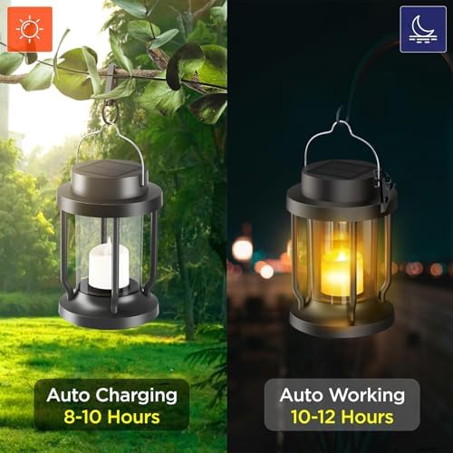 Solar Lantern Outdoor & Indoor Use – Hanging Solar Lights with Realistic Flickering Flameless Candle, Weatherproof for Gardens, Patios, Trees, and Lawns (Black, 4 Pack) - Image 2