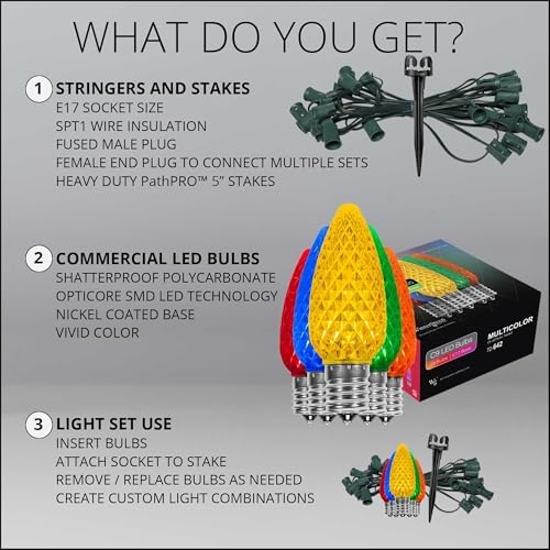 Wintergreen Lighting 50' OptiCore LED C9 Multicolor Pathway Christmas Lights, Heavy Duty Bulbs for Driveway, Walkway Marker, 5" Commercial PathPRO Stakes, 18 Gauge Green Wire - Image 6
