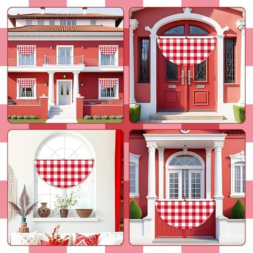 4 Pcs Red White Gingham Pleated Fan Flags, Red White Plaid Bunting Fan Flag Decoration with Metal Grommet 1.5 x 3 Ft, Red Half Fan Flag Banner for Indoor Outdoor House Garden Patio Yard Decor - Image 3