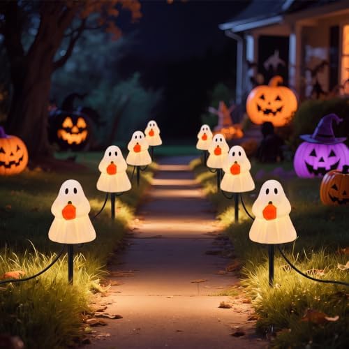 Oviejo Halloween Ghost Pathway Lights, 4 Pack 7 FT Plug in LED Stake Lights by Oviejo