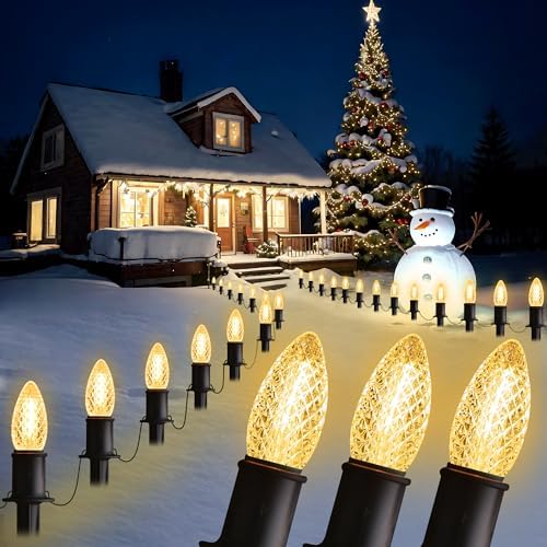 GAGALIFE 29Ft C9 Christmas Pathway Lights Outdoor - 25 LED Lights with 25 Marker Stakes for Walkway, Waterproof Plug in C9 Christmas Light Outdoor for Driveway, Yard, Lawn Decorations, Warm White by GAGALIFE