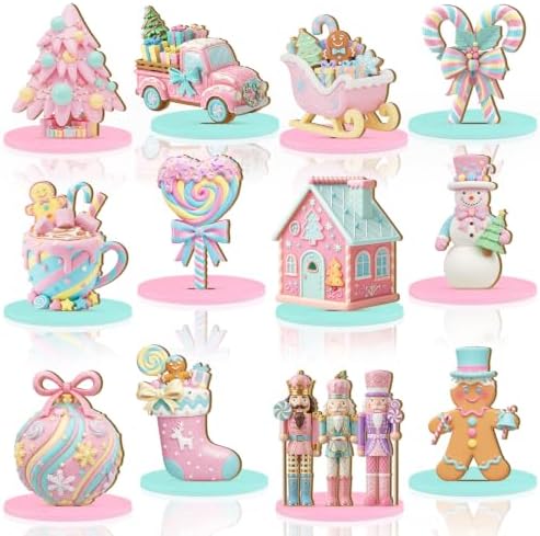 Leinuosen 12 Pcs Christmas Table Decoration Pastel Christmas Tiered Tray Decor Pink Wooden Gingerbread Candy Centerpieces Nutcracker Truck Snowman Signs for Xmas Gift Home Kitchen Coffee Bar Shelf by Leinuosen