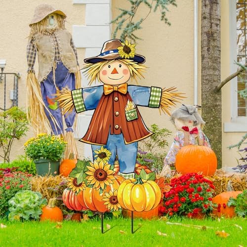JarThenaAMCS 33" H Fall Large Scarecrow Metal Garden Stakes Rustic Pumpkin Pile Scarecrow Decorative Lawn Sign for Autumn Thanksgiving Home Outside Lawn Porch Decor - Image 5