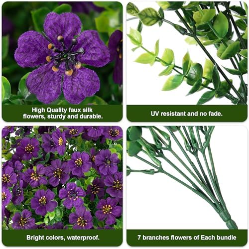 Daisy Artificial Flowers for Outdoors Decor, 12 Bundles Faux Daisy with Eucalyptus Fake Plants Greenery UV Resistant Look Real Colorful Faux Flowers for Outside Planter Porch Patio Garden, Dark Purple - Image 5
