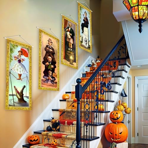 Halloween Decorations Large 4 PCS Haunted Mansion Stretching Portraits Vintage Vinyl Backdrop Decor Outdoor Horror Poster for Indoor Holiday Home Wall Art Wallpaper Hanging Porch Sign Banner Party - Image 3