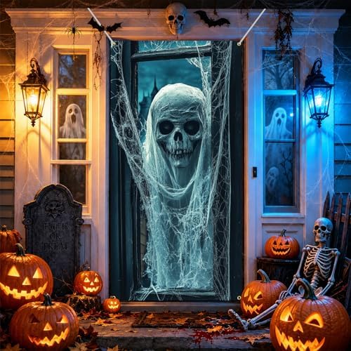 35.4" x 70.8" Halloween Door Cover, Haunted House Front Door Decor by seewan