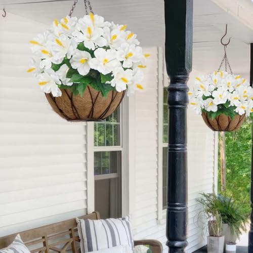 2 Pcs Artificial Outdoor Flowers Realistic Silk Fake Hibiscus Tropical Flowers Spring Summer Decoration UV Resistant Faux Plants for Outdoors Planters Outside Porch Patio Yard Garden White - Image 5