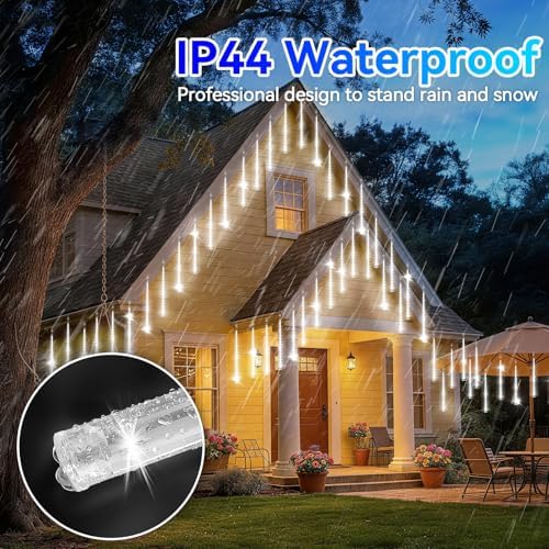 KNONEW Solar Meteor Shower Lights, 8 Tubes 288 LED Christmas Lights Outdoor Waterproof Falling Raindrop Lights for Xmas Tree Christmas Decorations Wedding Party Holiday Yard Garden Decor(Cool White) - Image 3