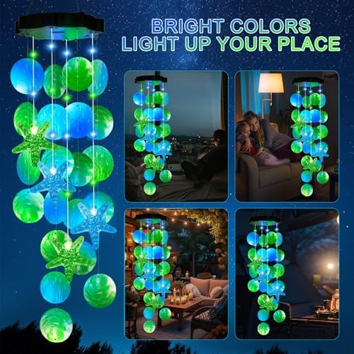 (New) Gift for Women Wife Sister Grandma Mom, Solar Wind Chimes, 2 Modes Natural Shells Outdoor Wind Chime for Garden Yard Window Decor - Blue&Green - Image 6
