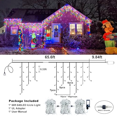 66FT 640 LED Icicle Lights for Outside, Multicolor Christmas Lights Outdoor - Image 3