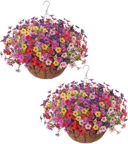 HyeFlora 2 Set Artificial Outdoor Flowers Hanging Basket, Faux Hanging Plants for Outside Spring Decoration, Fake Silk UV Resistant Look Real Daisy for Porch Patio Home Decor by HyeFloraartificialflowers