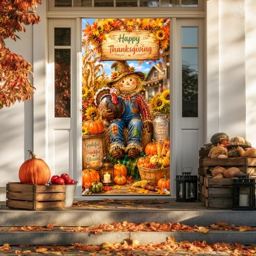BlissYard Thanksgiving Door Cover Scarecrow Turkey 35 x 71 Inch by BlissYard