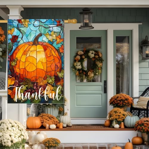 Thankful Thanksgiving Garden Flag, Fall Garden Flags for Outdoor Decor 28x40 Inch Autumn Stained Glass Pumpkin Maple Leaf Double Sided Small Burlap Outside Porch Lawn Yard Decorative Flags - Image 4