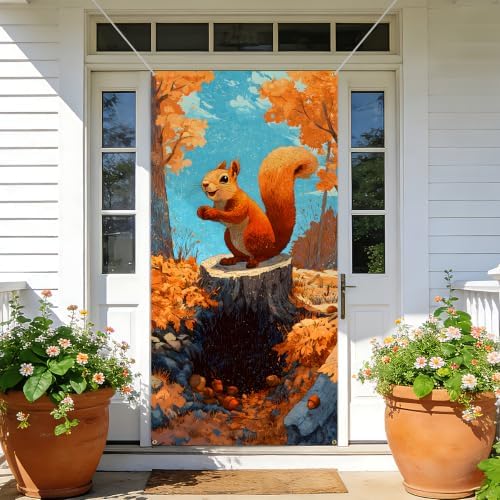NYZE Fall Squirrel Door Cover, Autumn Forest Maple Leaf Door Decor, Orange Fall Leaves Squirrel Door Cover Banner for Farmhouse Porch Indoor Outdoor Decor - Image 4