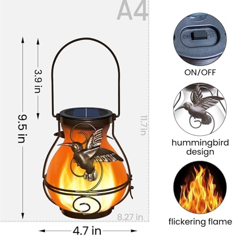 2 Pack Solar Lanterns Outdoor Waterproof , Metal Hummingbird Flickering Flame Solar Lights, Hanging Decorative Lantern for Patio Garden Porch, Gifts for Women, Mom - Image 2
