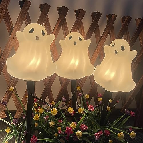 Oviejo Halloween Decorations - Set of 4 Ghost Pathway Stake Lights with C7 Clear Bulbs, 7Ft Waterproof Yard Stakes for Lawn Walkway Driveway Markers - Image 5
