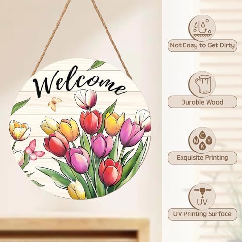 Tulip Welcome Sign for Front Door Decor Spring Flower Wall Hanging Sign Summer Decorations Floral Wooden Wreath Farmhouse Door Hanger Sign for Spring Summer Party Indoor Outdoor Decor 12 Inch - Image 3