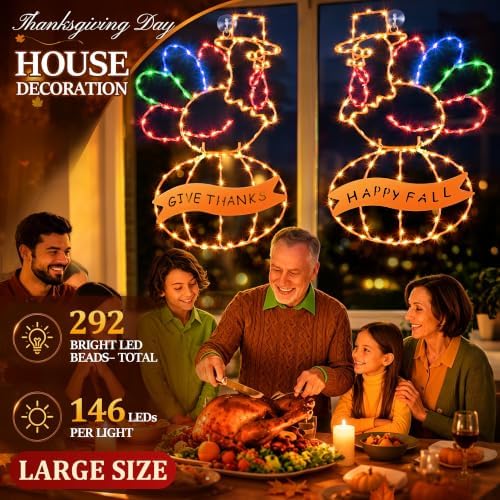 2 Pcs Large Thanksgiving Window Lights Turkey Decorations, Fall Decor Window Lights, LED Turkey Pumpkin Light 2026 Thanksgiving Decor with Timer & 8 Mode & Battery Operated(Yellow Red,23") - Image 4