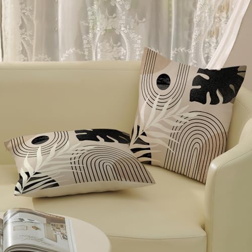 Boho Pillow Covers 16x16 Set of 2 Mid Century Black Beige Tropical Leaf Throw Pillow Covers Outdoor Decor Modern Abstract Decorative Pillow Cases Farmhouse Linen Cushion Case for Couch Sofa - Image 5