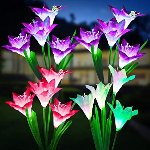 KOOPER Outdoor Solar Lights, 4 Pack Solar Garden Light with Bigger Lily Flowers, Waterproof 7 Color Changing Solar Lights Outdoor - Bigger Panel for Patio Yard Garden Decoration, Gift for Mom by KOOPER
