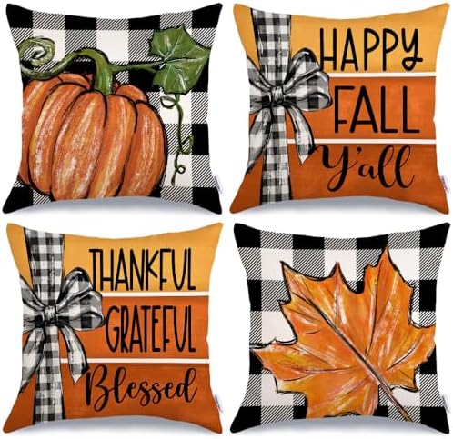 GEEORY Fall Pillow Covers 18 x 18 Inch Set of 4, Buffalo Bowknot Pumpkin Maple Leaf Decorative Throw Cushion Cases Farmhouse Thanksgiving Decor Indoor Decoration for Home Sofa Couch (Orange) 392-18 by GEEORY