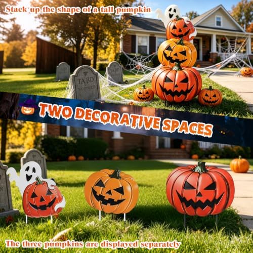 VCUTEKA Halloween Outdoor Pumpkin Stake Yard Sign, 3PCS Garden Stake Decor - Image 3