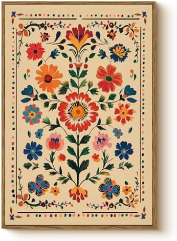 Vintage Floral Framed Canvas Wall Art 16x24 Colorful Flower Painting, Tropical Botanical Nature Boho Bright Vibrant Floral Print, Mexican Traditional Latin Bedroom Home Office Décor by WHASAYART