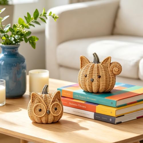 Fall Decor Animal Pumpkin Decorations – Squirrel Fake Pumpkin Resin Woven Design Animal Figurines for Table Shelf Mantel, Thanksgiving Halloween Decorations Gifts for Autumn Decor(Rattan Color) - Image 2