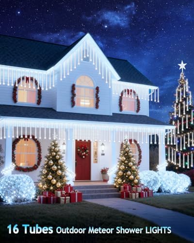 PEMOTech Christmas Lights Outdoor,16 Tubes 576 LED 16 Inch,Meteor Shower Lights Outdoor,Waterproof Icicle Lights,Luces Navideñas para Exteriores,White,50 ft for Christmas Tree,Party,Garden Decor - Image 2