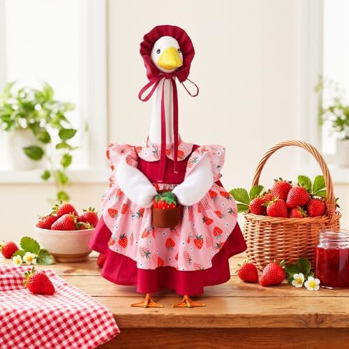 Abbylike Summer Porch Goose Outfits for 23''/17" Cement Statue Strawberry Goose Outfit Strawberry Gril with Basket Costume for Spring Summer Outdoor Yard Lawn Patio Decor - Image 6