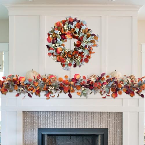 70 Inch Fall Orange Eucalyptus Maple Leaves Garland with White Berries Wreath Garland for Front Door, Autumn Leaves Home Decor Garlands for Indoor Outdoor, Rustic Farmhouse Fall Leaves Garlands - Image 2