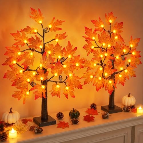 [Timer] 2 Pack 24 Inch Fall Maple Tree Fall Thanksgiving Decorations with 48 Lights, Battery Operated Lighted Pumpkin Acorn Artificial Tree for Thanksgiving Table Decorations Indoor Home Fall Decor - Image 3