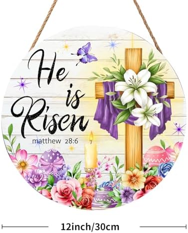 Harooni Easter Decorative Sign, 12x12in Modern Wooden Door Mount, Pastel, Bright, He is Risen, Twine, Rope - Image 2