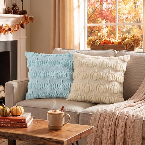 AVOIN colorlife Blue Beige Fall Throw Pillow Covers 18x18 Inch - Image 3