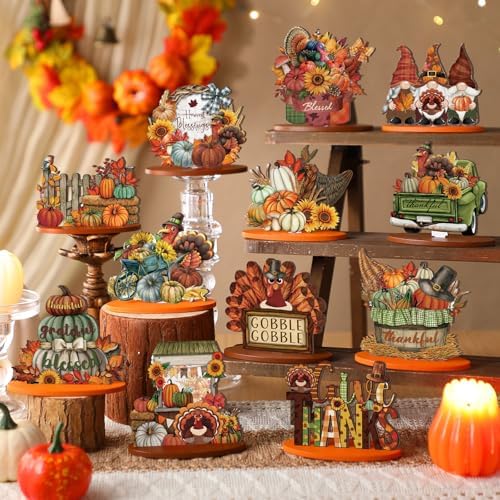 Leinuosen 12 Pcs Fall Decorations for Home Wooden Turkey Decor Thanksgiving Table Decorations Fall Centerpiece Maple Leaves Pumpkin Turkey Wooden Block Sign for Harvest Party Home Tiered Tray - Image 2