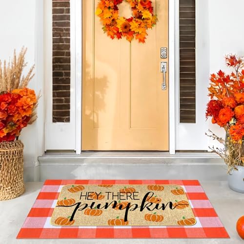 Fall Outdoor Rug Set, Hello Pumpkin Door Mat 28 x 43 in, 2 Pcs Welcome Mat Set, Orange and White Plaid Rug, Fall Front Porch Entryway Doormat Indoor Outdoor Decor, Thanksgiving Buffalo Plaid Mats - Image 3