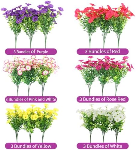 18Pcs Artificial Flowers Fake Outdoor Plants Silk Morning Glory with Eucalyptus UV Resistant Faux Flowers for Outside indoor Planter Front Door Porch Yard Patio windowsill Home Decor (Mix 6 colors) - Image 3