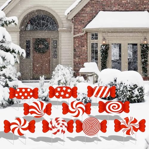 10-Piece Christmas Candy Yard Signs with Stakes Decorations – 10 Assorted Designs 14 Inches Large Peppermint and Lollipop Signs for Outdoor Garden and Lawn Holiday Party Favor - Image 6
