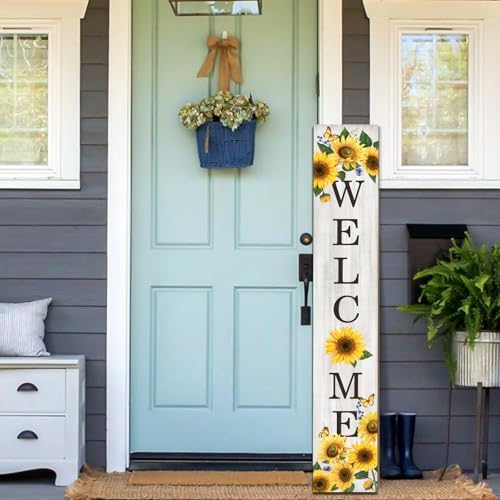 Sunflower Porch Sign Welcome Sign For Front Porch Summer Sunflowers Home Decor Sunshine Welcome Sign for Indoor Outdoor Garden Wooden Vertical Sign For Patio Front Door Porch Wall Yard - Image 4