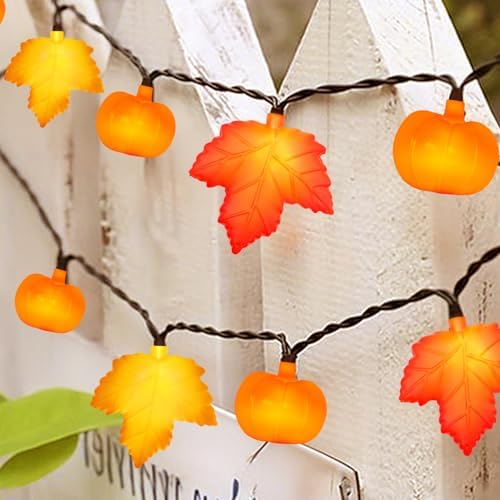 Fall String Lights - 8.5Ft LED Maple Leaf Pumpkin Lights String, 3D Leaves Pumpkin String Lights Plug in for Indoor Outdoor Thanksgiving Decorations & Fall Decorations for Home Porch Mantel, 0.07W - Image 2