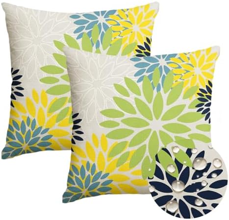 AVOIN colorlife Dahlia Flowers Green and Blue Waterproof Outdoor Throw Pillow Covers, 18 x 18 Inch Outdoor Summer Cushion Case Decoration for Patio Garden Porch Set of 2 by AVOINcolorlife