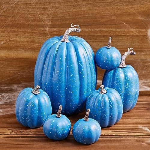 Lizxun 7Pcs Artificial Pumpkins Halloween Decoration, Lifelike Simulation Mixed Harvest Fall Foam Pumpkins for Halloween Thanksgiving Home Party Supplies (Sky Blue 01-7pcs) - Image 3