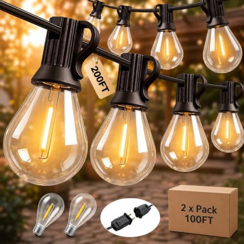 200FT 2‑Pack Dimmable Outdoor String Lights, with LED Vintage Edison Bulbs by SkoiucLights