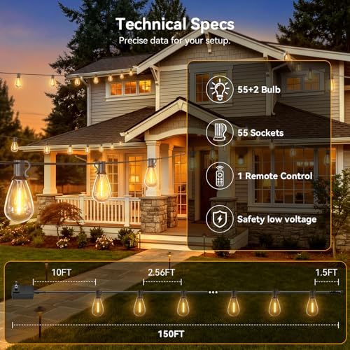 150FT Outdoor String Lights with Remote, Waterproof Patio Lights with 55+2 Shatterproof LED Bulbs,Dimmable Hanging Decor for Backyard Garden Porch Bistro, Timer & 3 Modes,2200K Warm White - Image 5