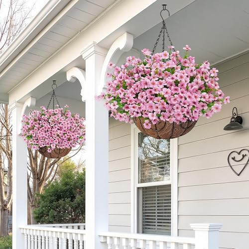 Artificial Fake Hanging Flowers Plants Basket for Outdoors Outside Spring Decoration,Hanging Planters with Faux Silk Flowers Realistic UV Resistant for Balcony Porch Patio Garden Fron Home Decor（Pink） - Image 3