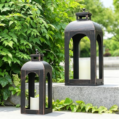 LED Lantern Decorative Outdoor&Indoor, Set of 2 (17’’&13’’) Black Metal Lanterns Decor, Vintage Hanging Candle Holder for Home Porch Wedding Halloween Christmas Decorations Battery Powered by DECORKEY